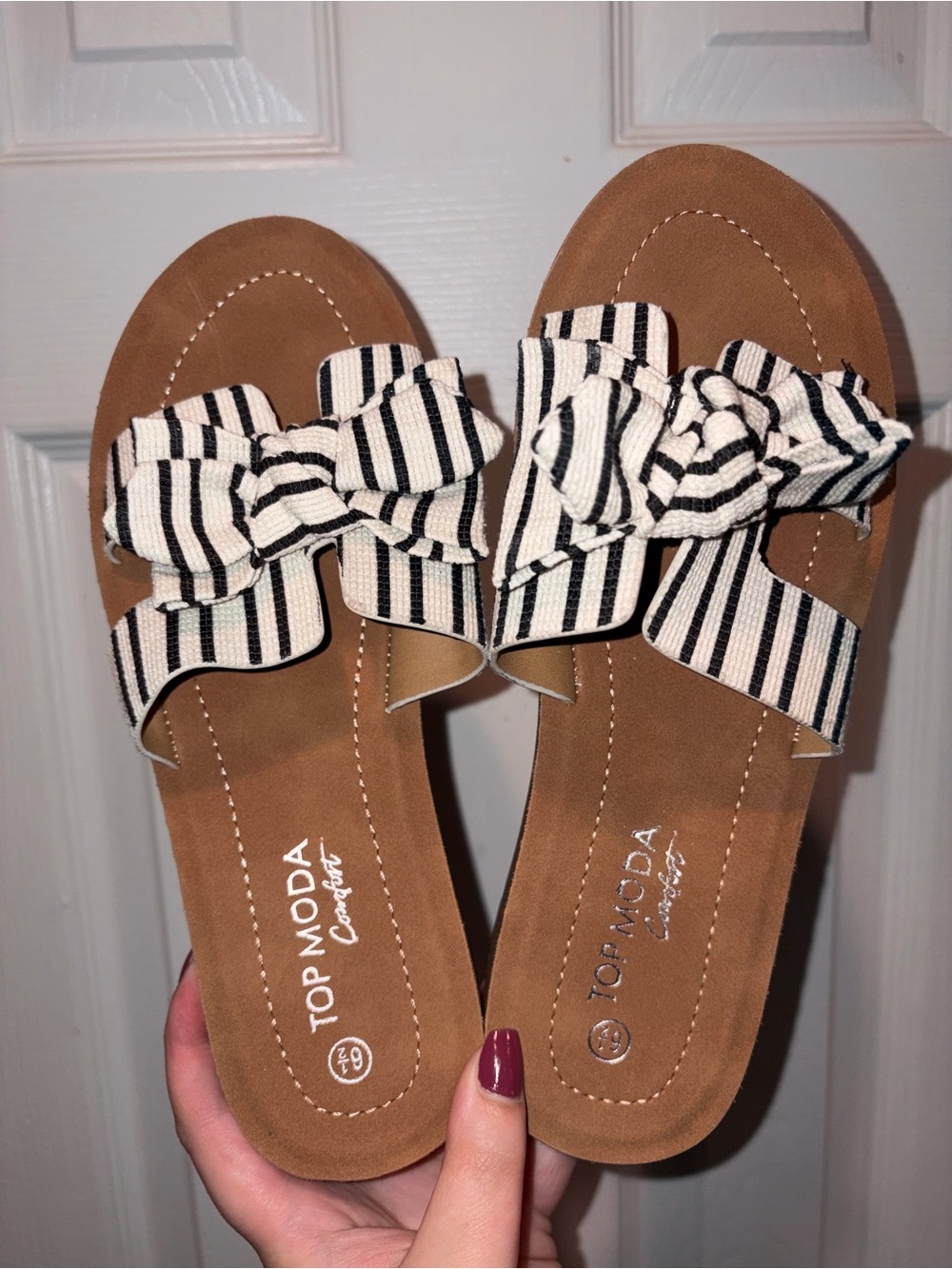 TOP Moda Black & White Striped Bow Slide Sandals